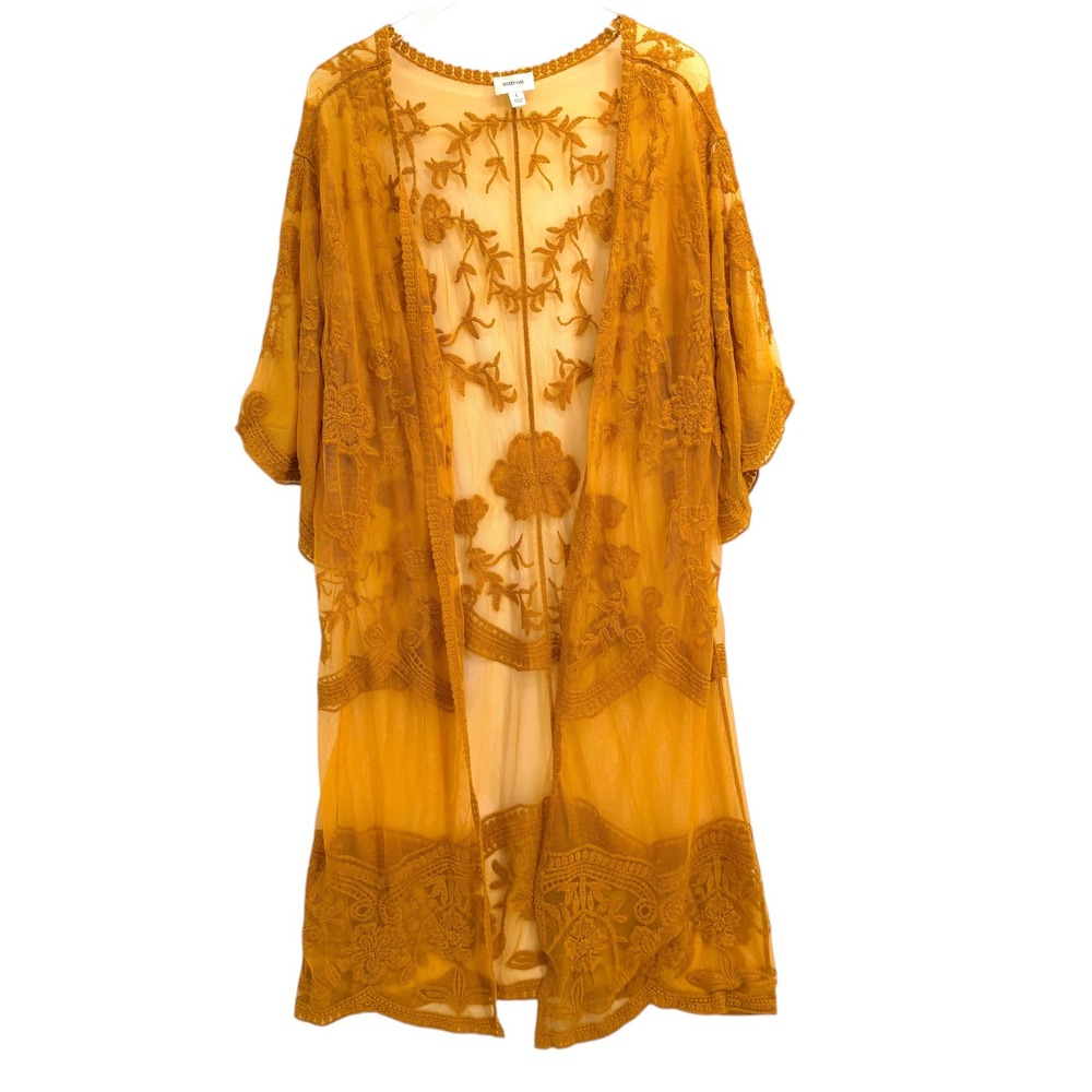 Dizzy Gal Mustard Yellow Floral Embroidered Kimono Size L Duster Mesh Lace Trim